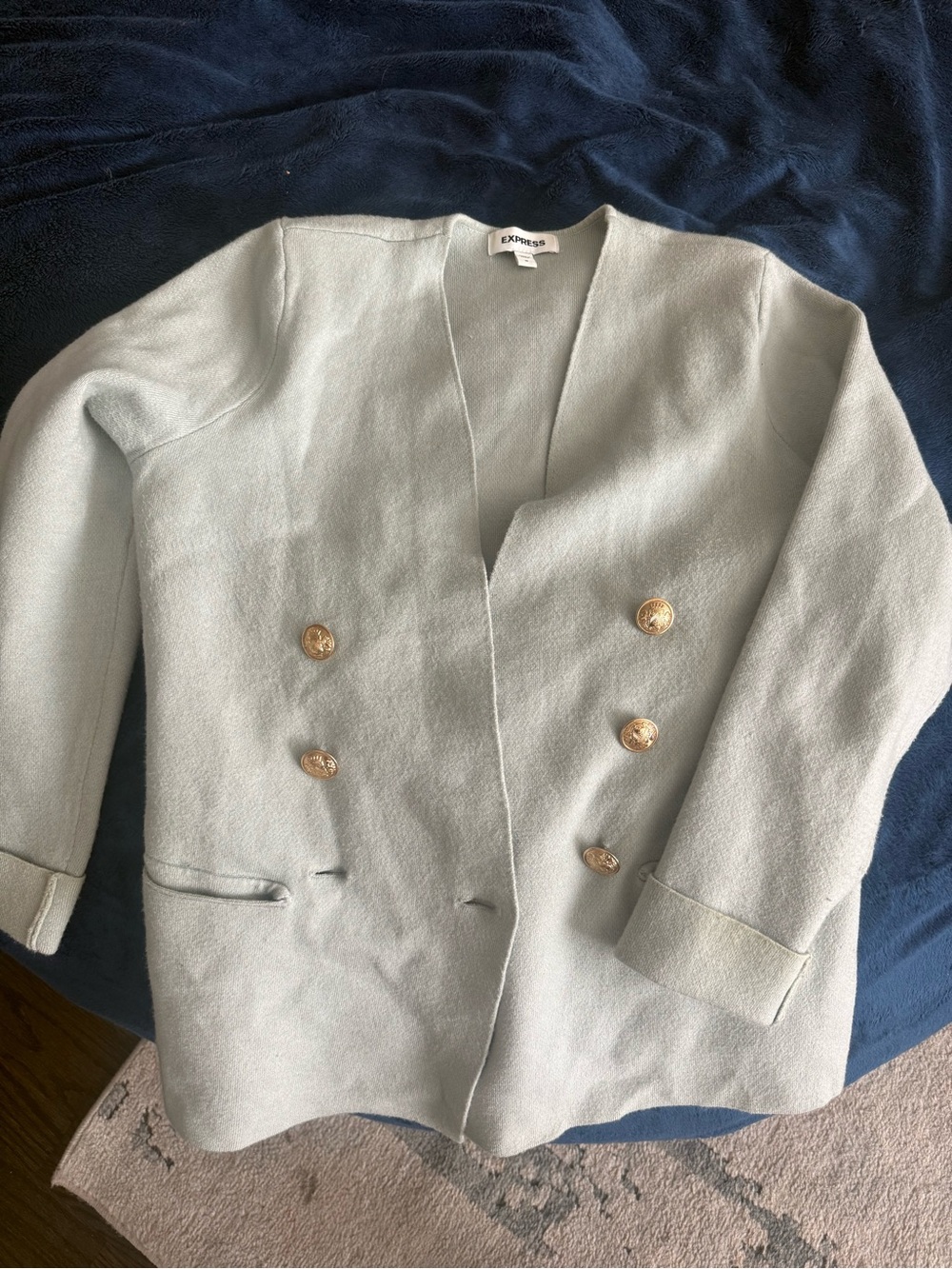 Express Double-Breasted Sage Green Blazer with Gold Buttons